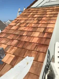 A roof that has been painted with wood.